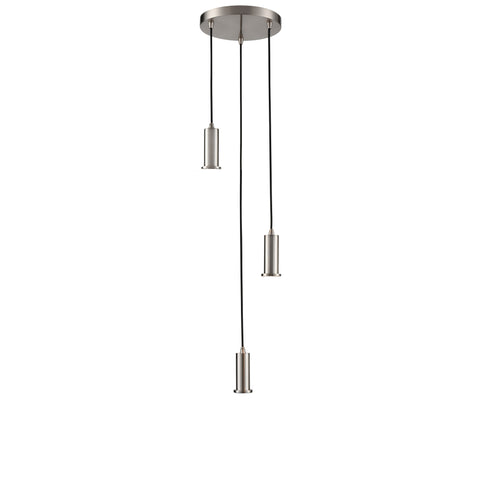 A 3-light fitting with satin nickel finished metalwork and black braided suspensions. The cable lengths are adjustable on site prior to installation. To create your own personal design choose from a wide range of glasses (sold separately).