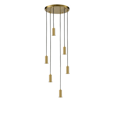 A 6-light fitting with aged brass finished metalwork and black braided suspensions. The cable lengths are adjustable on site prior to installation. To create your own personal design choose from a wide range of glasses (sold separately).