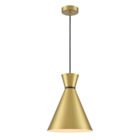 Pendant ceiling light in Satin brass finish metal pendant with a decorative black ring on a black cable suspension.