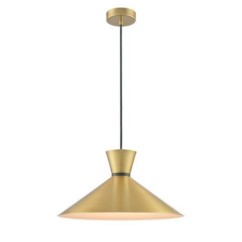 Satin brass finish metal pendant with a decorative black ring on black cable suspension.