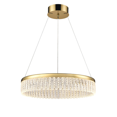 Single tier LED pendant in a gold finish and delicate lattice detailed crystal glasses with scalloped edge.