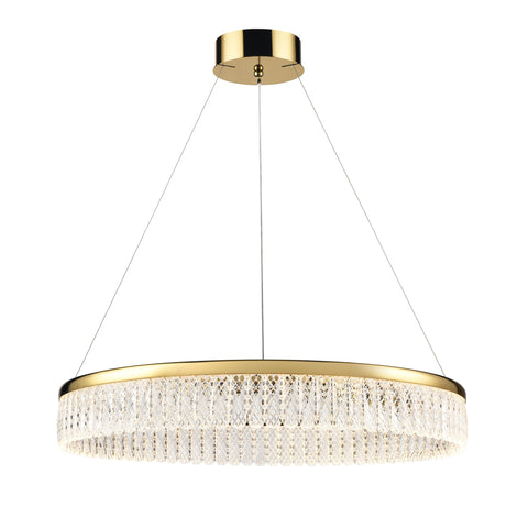 Single tier LED pendant in a gold finish and delicate lattice detailed crystal glasses with scalloped edge.