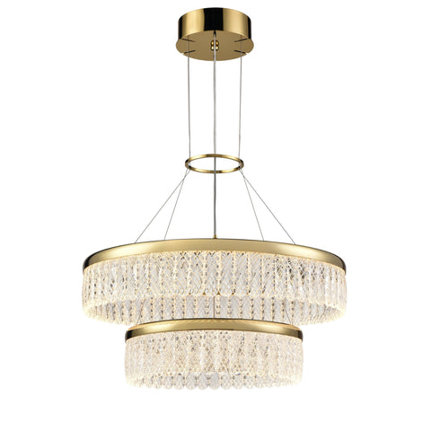 Double tiered LED pendant in a gold finish and delicate lattice detailed crystal glasses with scalloped edge.