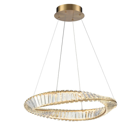 Ceiling hanging light with aged brass finish LED pendant featuring twisted metalwork adorned with rectangular crystals. 