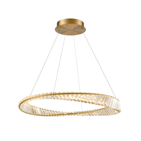 Ceiling medium sized light with aged brass finish LED pendant featuring twisted metalwork adorned with rectangular crystals.