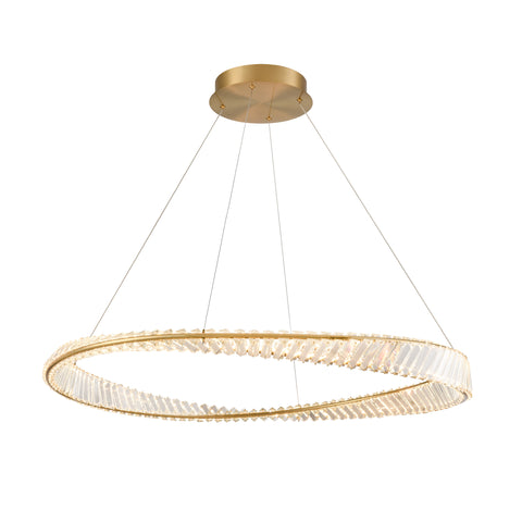 Ceiling hanging light with aged brass finish LED pendant featuring twisted metalwork adorned with rectangular crystals. The pendant is dimmable with a trailing edge dimmer.