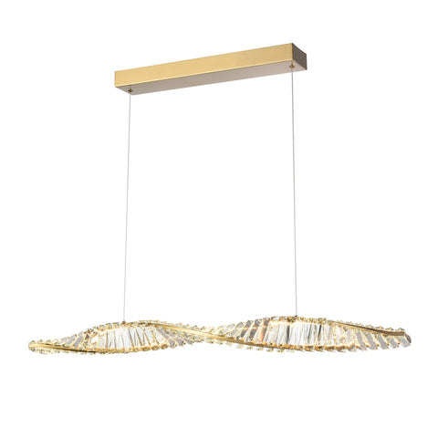 Ceiling hanging light with Aged brass finish LED pendant featuring twisted metalwork adorned with rectangular crystals. 
