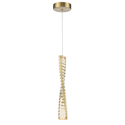 Ceiling hanging light with aged brass finish LED pendant featuring twisted metalwork adorned with rectangular crystals. 