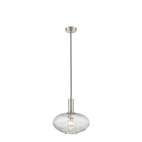 Satin nickel finish pendant with clear ribbed glass and black braided suspension.