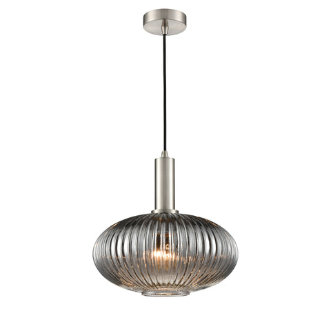 Satin nickel finish pendant with Smoked ribbed glass and black braided suspension.