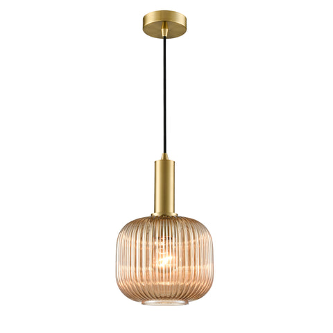 Aged Brass finish pendant with Amber ribbed glass and black braided suspension.