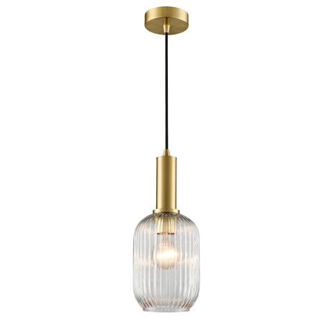 Aged Brass finish pendant with clear ribbed glass and black braided suspension.