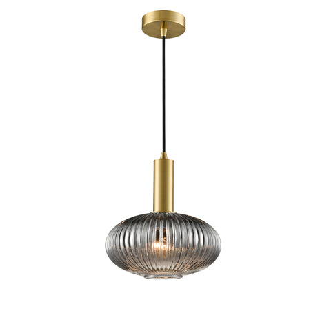 Aged Brass finish pendant with Smoked ribbed glass and black braided suspension.