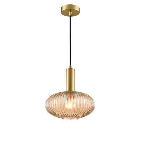 Aged Brass finish pendant with Amber ribbed glass and black braided suspension.