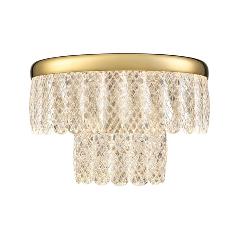 Double tiered LED wall light in a gold finish and delicate lattice detailed crystal glasses with scalloped edge.