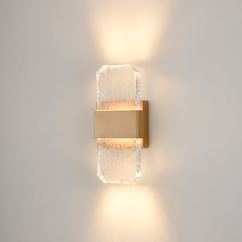 Small wall light with a modern glacia style and brushed gold wall bracket