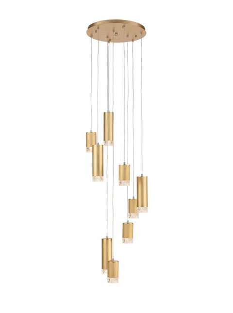 Ceiling light In a brushed satin gold colour with clear cable suspensions. The length of the suspensions can be adjusted.