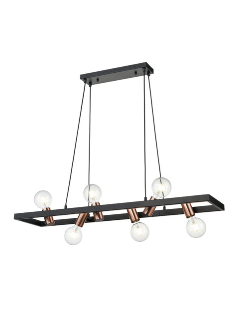 Six light dangle ceiling light with a black structure lamp shade