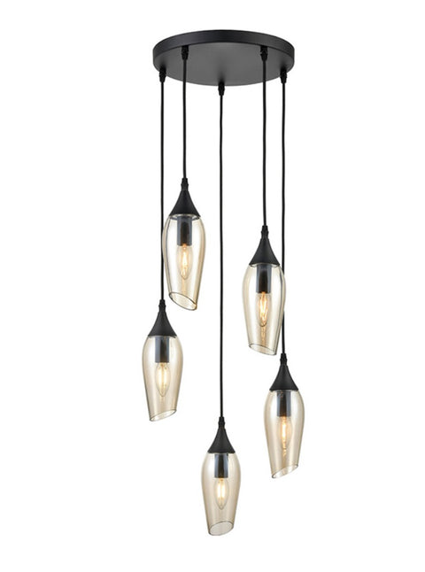 Modern Ceiling 5 Suspended Light matt black and amber glass