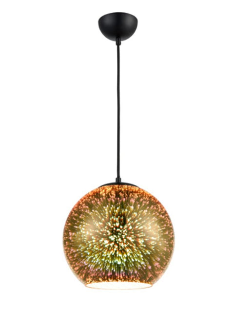 Pendant ceiling light In gold when unlit but the glass takes on a 3D holographic effect when illuminated. Supplied with black braided cable suspension.