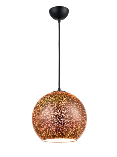 Pendant ceiling light In copper when unlit but the glass takes on a 3D holographic effect when illuminated. Supplied with black braided cable suspension.