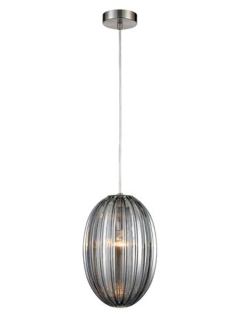 Pendant ceiling light with Ribbed glass on a satin nickel and clear cable suspension.