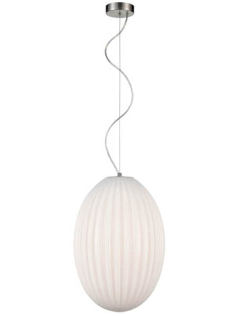 Pendant ceiling light Ribbed glass on a satin nickel and clear cable suspension.