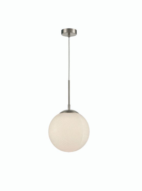 Ceiling pendant light With satin nickel metalwork and a twisted clear cable.