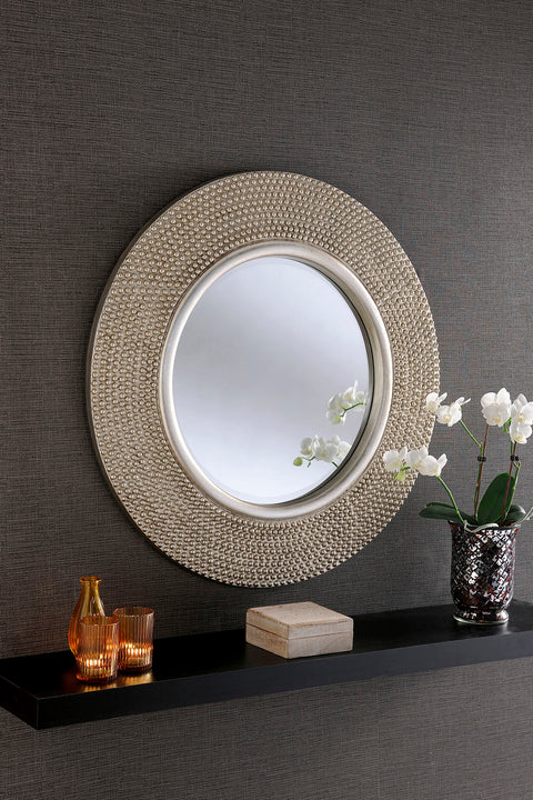 Studded Frame Circular Mirror in Silver Leaf Finish