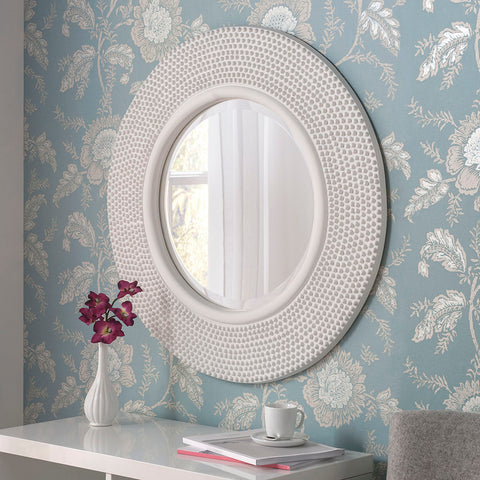 Studded Frame Circular Mirror in White Leaf Finish